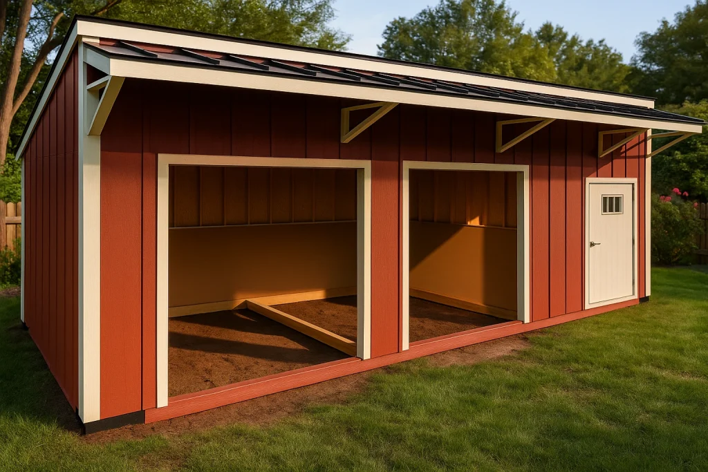 OS Animal Shelter w tackroom AI mockup Design Your Shed Design Your Backyard Space Choose size, colors and options Download a Quote in minutes