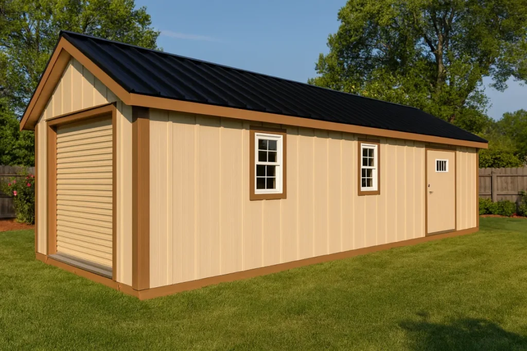 Classic Equipment Shed with beige siding and black roof
